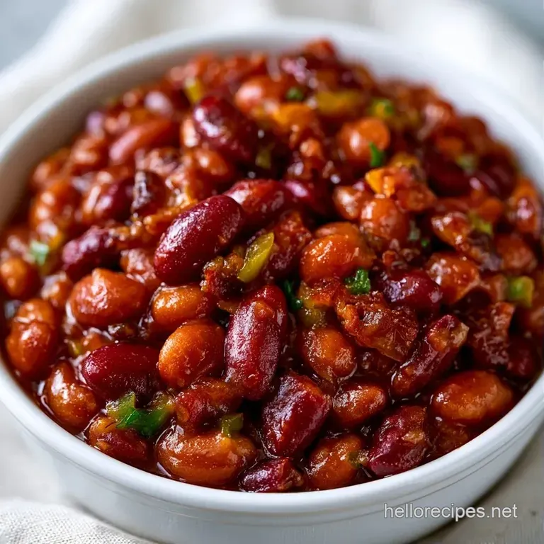 Thick mahogany beans in a white ceramic bowl, topped with golden crispy bacon bits and a sprig of fresh parsley.
