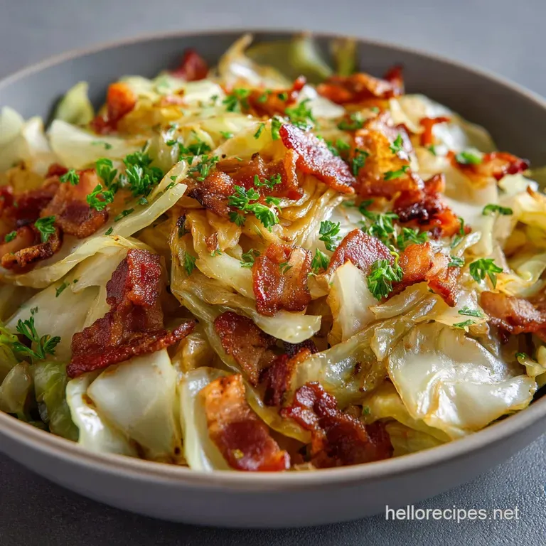Pile of golden-brown fried cabbage with crispy bacon on a white plate, topped with cracked pepper and fresh parsley.