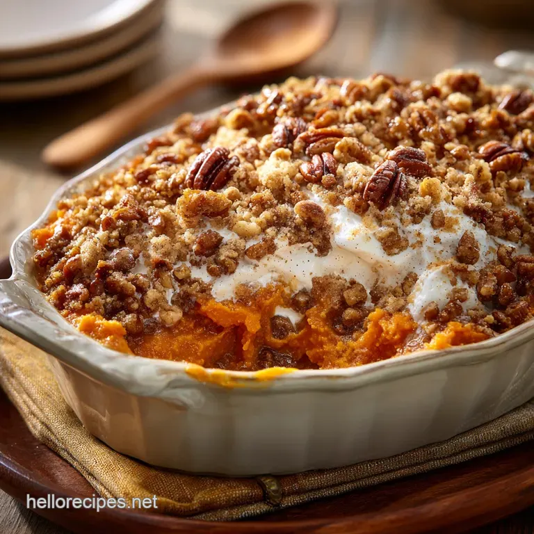 Southern Sweet Potato Casserole: Classic Recipe with Crunchy Pecan Streusel presentation