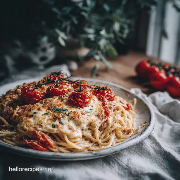 A generous scoop of baked spaghetti and meatballs, topped with melted cheese and fresh parsley.