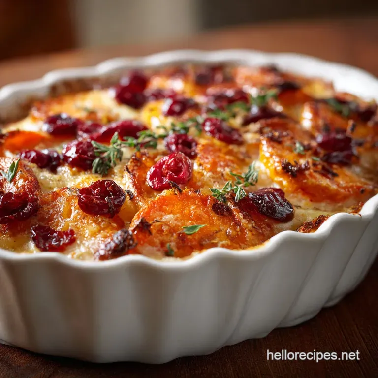 Sweet Potato and Cranberry Gratin with Spiced Custard and Pecan Streusel presentation