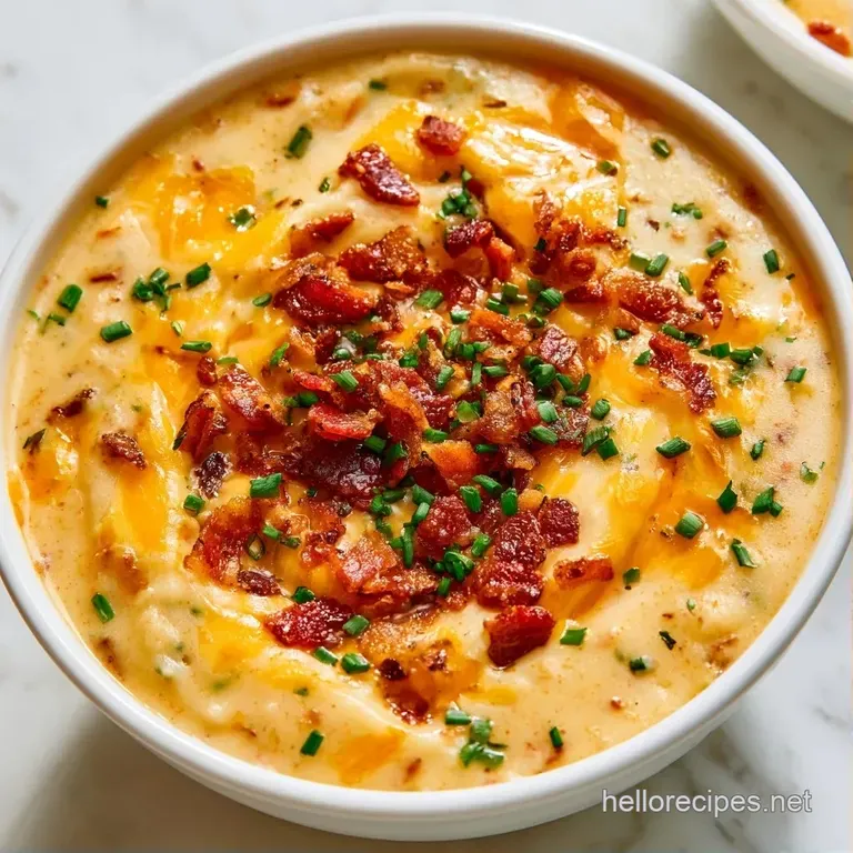 Rustic bowl of creamy white soup garnished with melted orange cheese, sliced jalapeños, and a sprinkle of fresh chives.