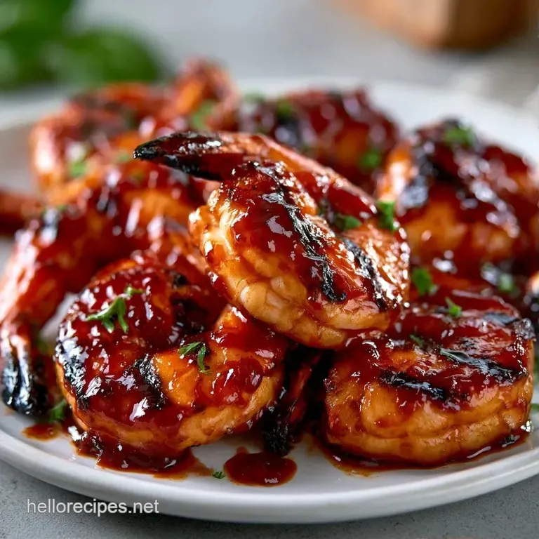 Eight glazed shrimp skewers arranged on a dark slate platter, accented by fresh parsley and bright lime wedges.