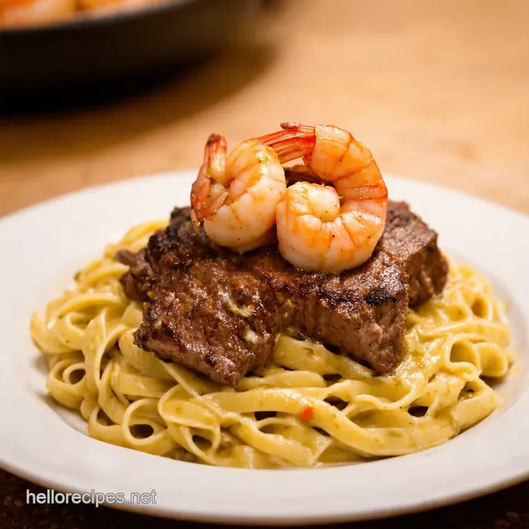 Spicy Blackened Steak Shrimp Alfredo presentation