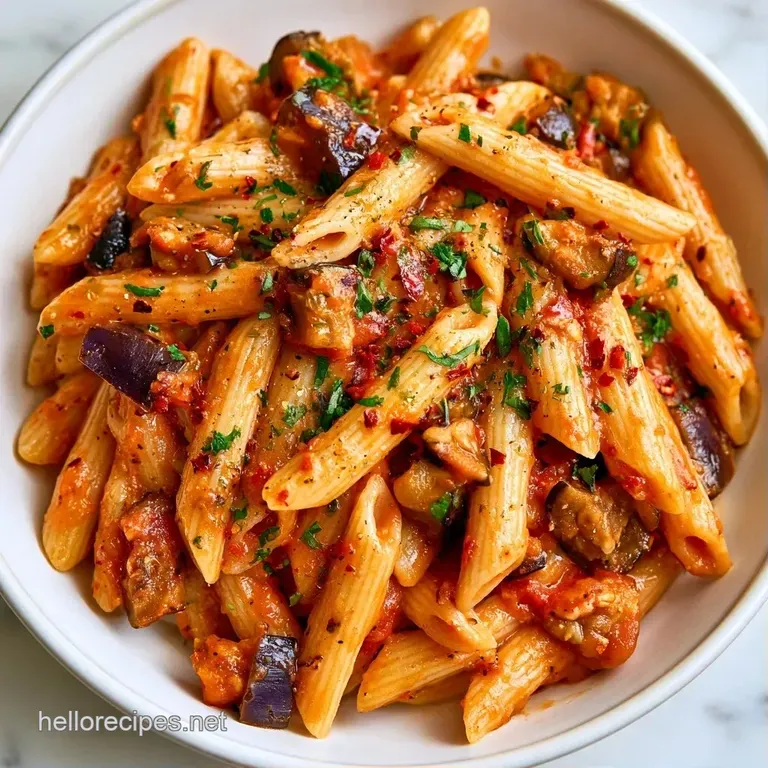Elegant white bowl of pasta tossed in a vibrant red sauce with soft eggplant cubes and a sprinkle of white cheese.