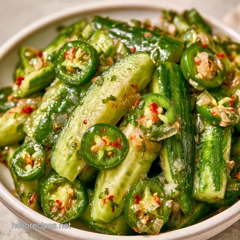 Crisp cucumber spears and sliced green jalapenos artfully arranged on a white ceramic plate with peppercorns.