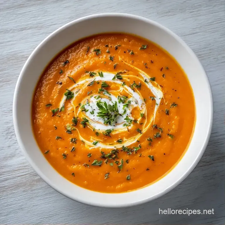 Elegant white bowl of smooth orange puree topped with a swirl of white cream and a sprig of fresh green parsley.