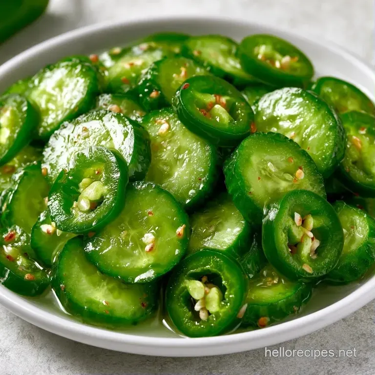 Vibrant green cucumber and spicy jalapeño slices neatly arranged in a white porcelain bowl with glistening brine.