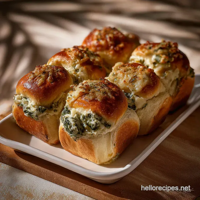 Spinach dip rolls artfully arranged on a white plate, garnished with fresh herbs. The warm, inviting rolls offer a delight...