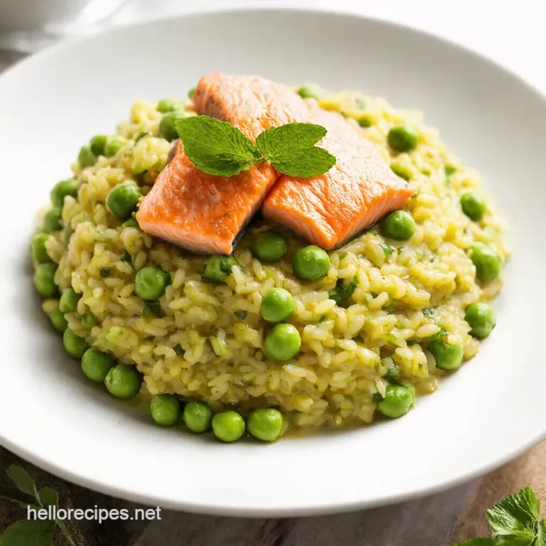 Spring Pea Mint Risotto with Lemonherb Crusted Salmon presentation