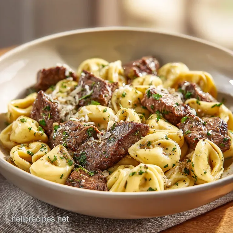 Perfectly plated: Creamy tortellini with juicy steak bites, drizzled in rich garlic butter, garnished with bright green he...