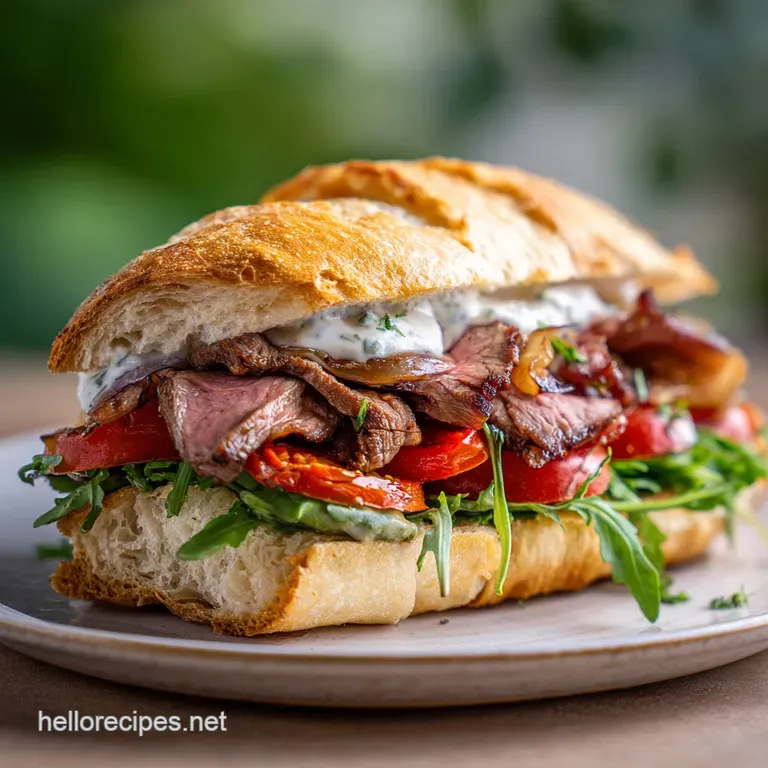 Steak sandwich half elegantly plated; glistening steak, melted cheese pull, vibrant greens, and toasted bread crust visible.