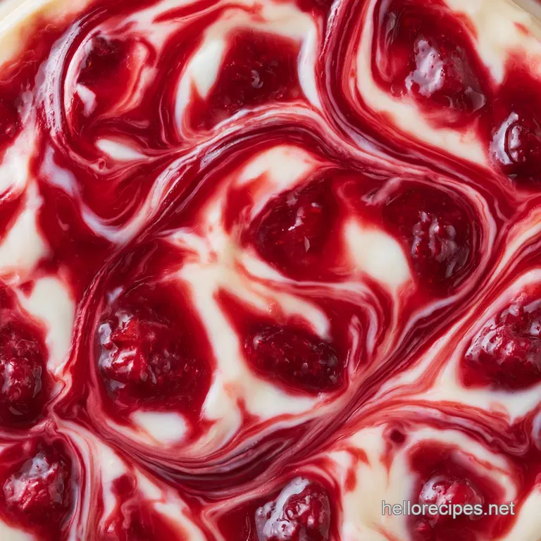 A square slice of creamy cake with bright red strawberry swirls, topped with a fresh berry and a mint leaf sprig.