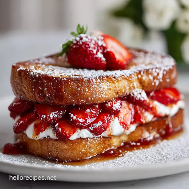Strawberry French toast slices drizzled with syrup, arranged artfully on a plate, berries scattered around, inviting and d...