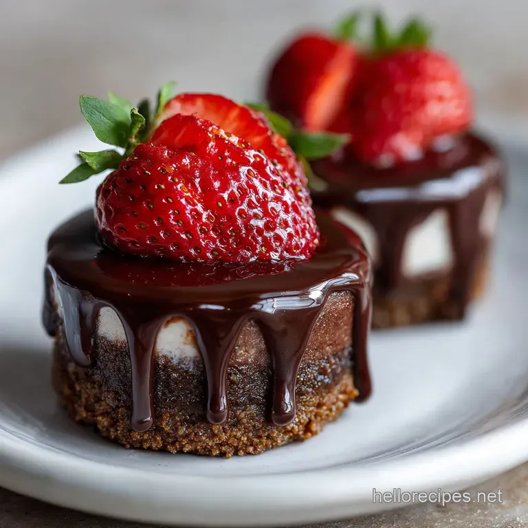 Elegant dessert plate featuring glossy chocolate-covered strawberry cheesecakes dusted with powdered sugar and cocoa powder.