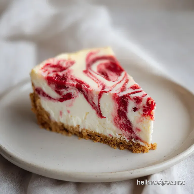 A precise slice of creamy cake with red swirls on a white plate, garnished with fresh berries and a mint leaf.