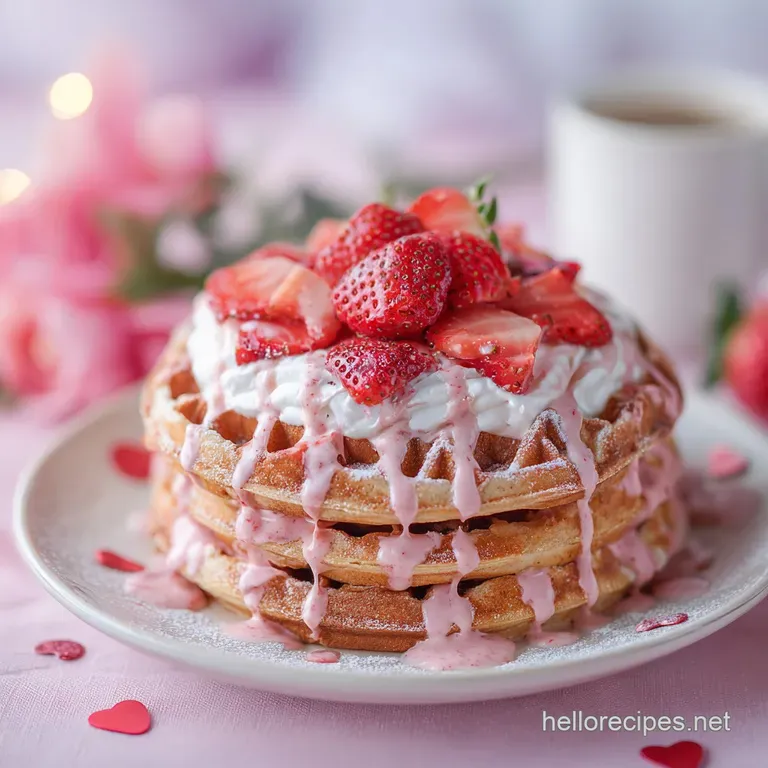 Crisp, golden waffles artfully stacked, glistening with syrup, adorned with sliced strawberries, and a sprig of mint on a ...