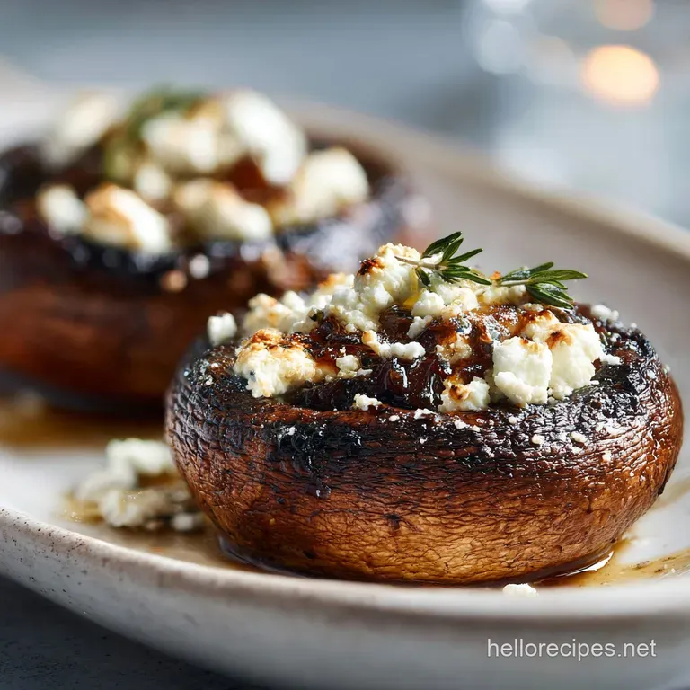 A single, perfectly stuffed portobello mushroom, artfully plated with a drizzle of balsamic glaze and a sprinkle of fresh ...