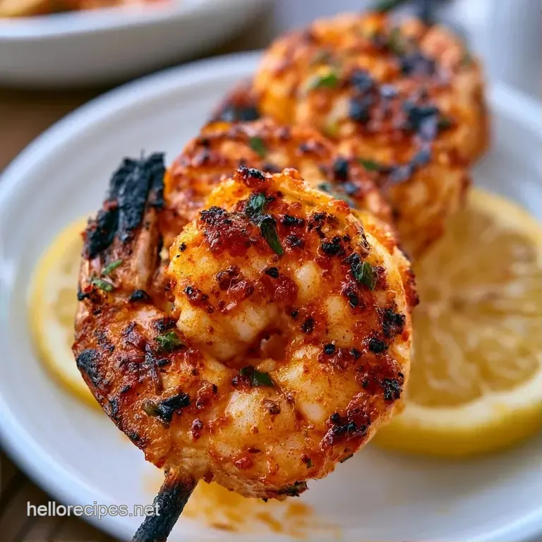 Neatly arranged grilled prawns and colorful vegetables on a white ceramic plate with a side of fresh lemon wedges.
