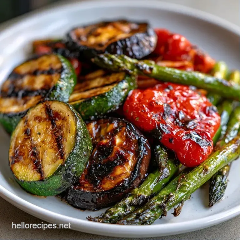 Vibrant charred peppers and zucchini arranged on a white ceramic platter, drizzled with oil and fresh herbs.