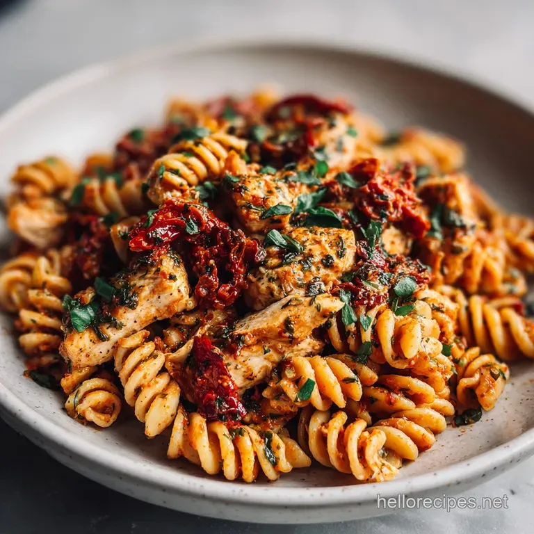 Plated pasta twirls, dotted with bright sun-dried tomatoes and juicy chicken, bathed in a light sauce and garnished with b...