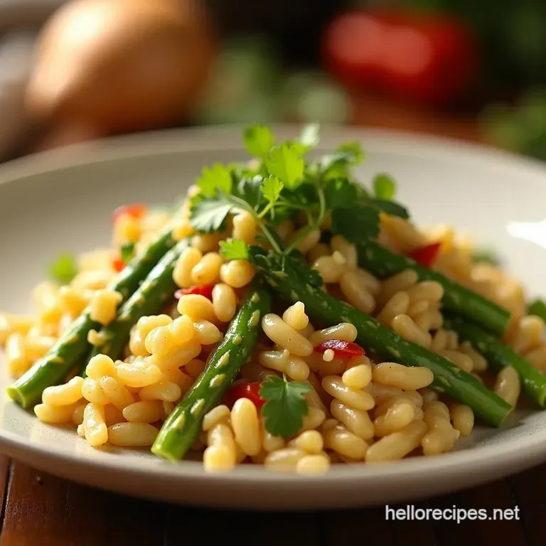 Sunshine Orzo Salad with Asparagus Artichokes Feta presentation