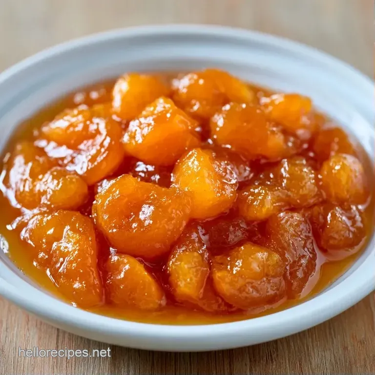 A dollop of shimmering orange fruit preserve over creamy white yogurt, topped with a fresh green mint leaf.