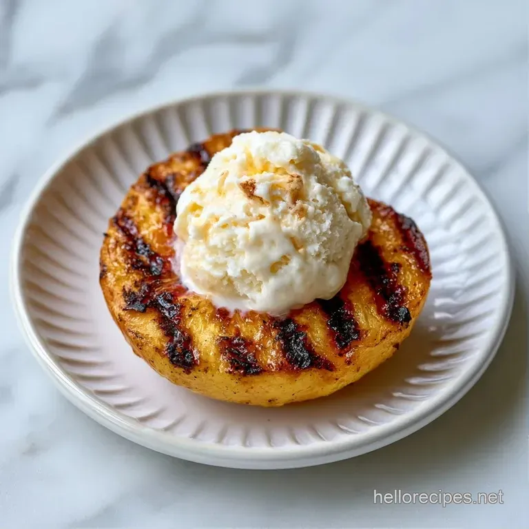Two caramelized peach halves topped with a scoop of vanilla ice cream and a sprig of fresh mint on a marble slab.