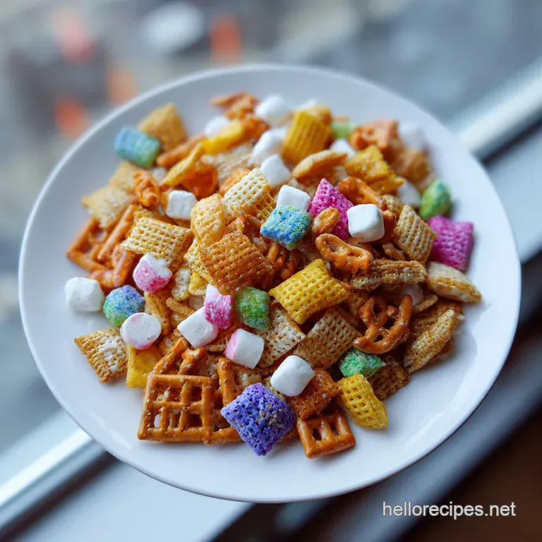 A rustic wooden bowl brimming with a colorful assortment of sweet and savory snack mix clusters.