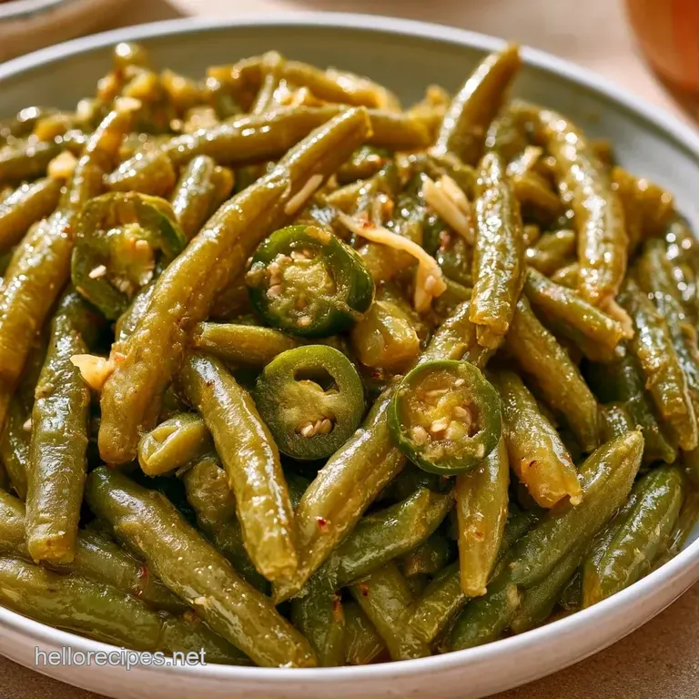Crisp, bright green bean spears arranged on a white platter with a glistening glaze and scattered black peppercorns.