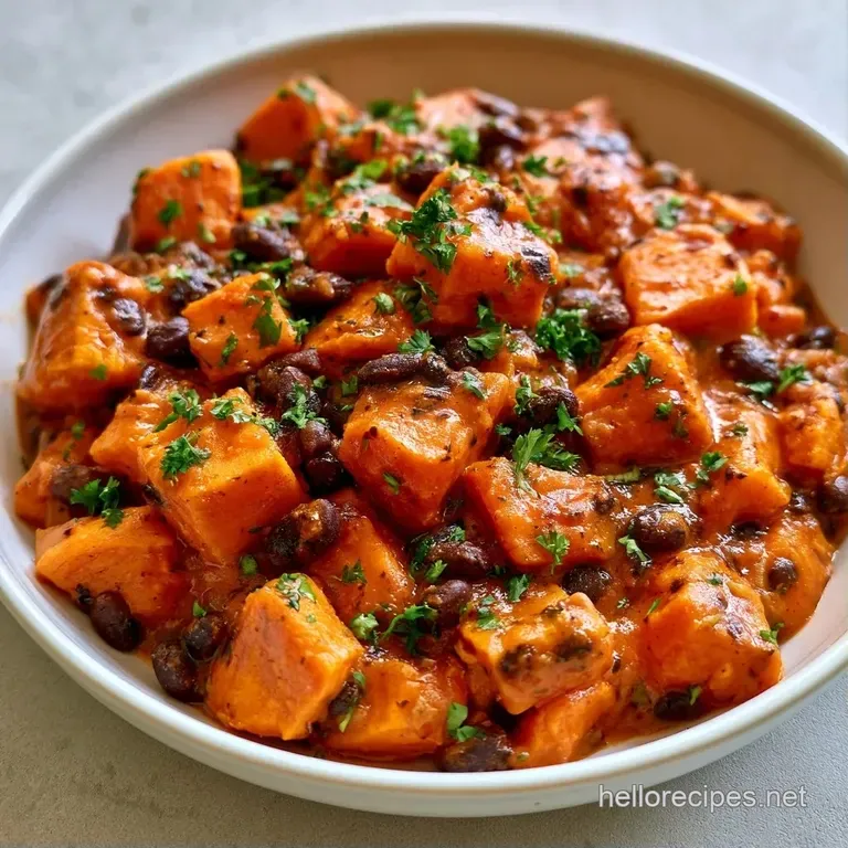 Vibrant orange and black stew in a minimalist bowl, garnished with a dollop of cream and fresh green cilantro.