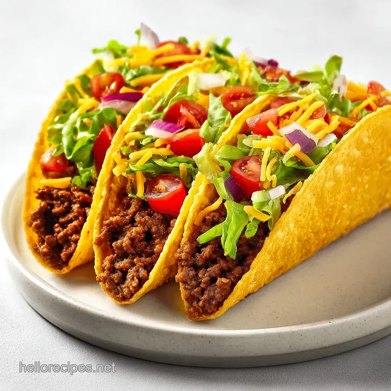 Tacos artfully arranged: seasoned beef spills slightly. Garnished with vibrant cilantro sprigs, hints of fiery chili powder.