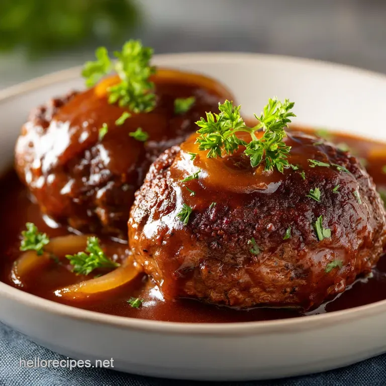 Perfectly browned Salisbury steak swimming in a glossy brown gravy, plated with a side of fluffy, piped mashed potatoes.