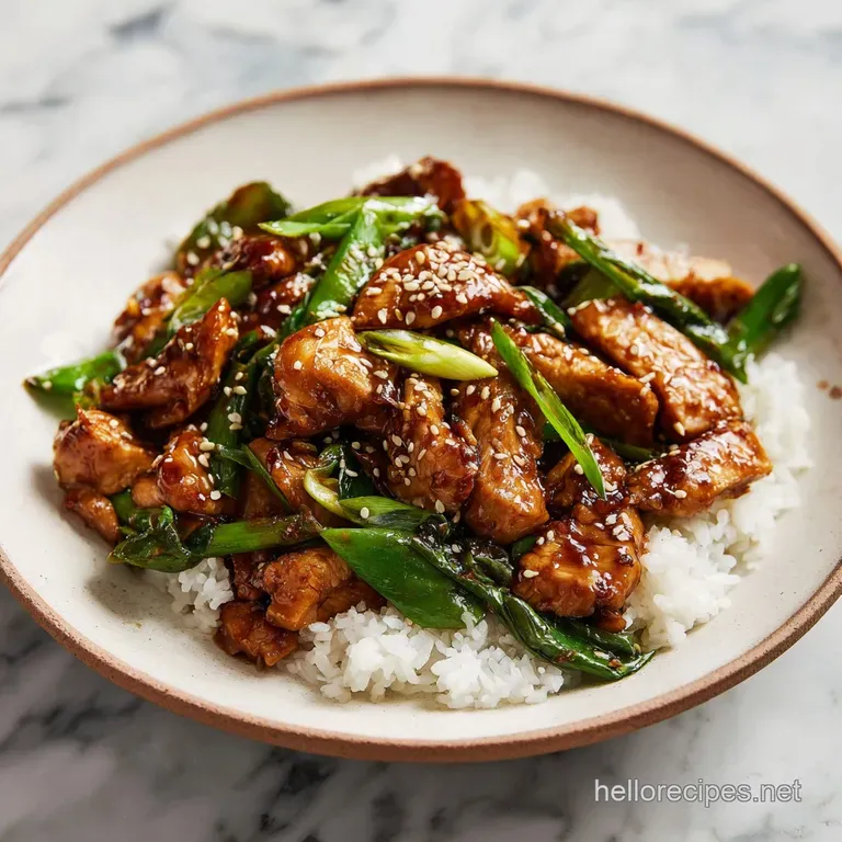 Teriyaki chicken stir-fry beautifully plated. Steaming chicken and veggies glisten with rich sauce, garnished with sesame ...