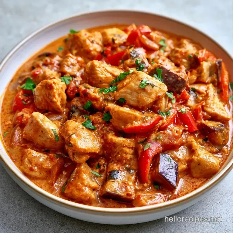 Vibrant yellow coconut stew in a white bowl, garnished with emerald basil leaves and bright red sliced chilies.