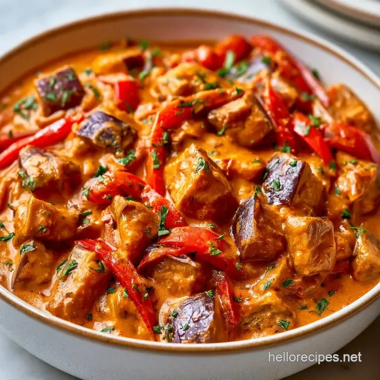 A white ceramic bowl filled with creamy red curry and eggplant, garnished with fresh basil and steamed jasmine rice.