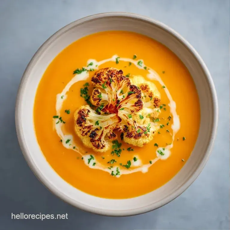 A vibrant orange soup in a white ceramic bowl with a swirl of cream and a sprinkle of toasted sesame seeds.