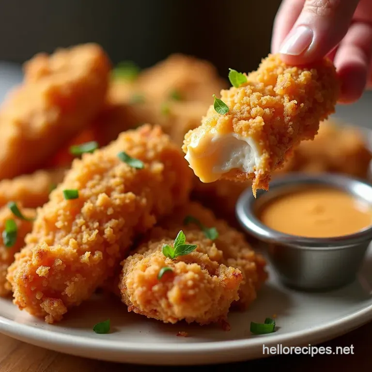 The Golden Standard Crispy Copycat Chicken Fingers with Signature Tangy Dipping Sauce presentation