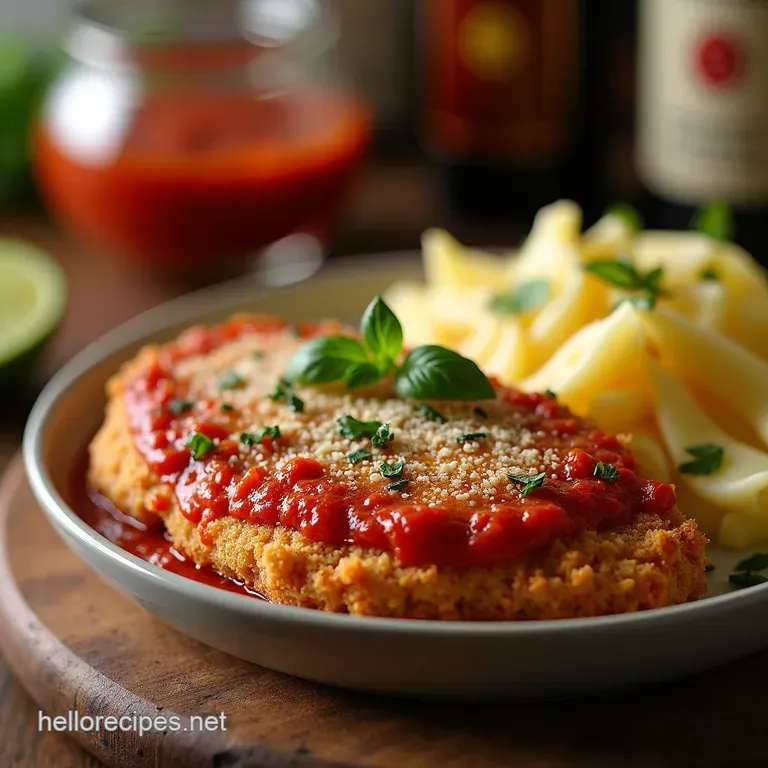 The Perfect Panko Parmigiana Crispy Chicken Cutlets with Homemade Marinara presentation