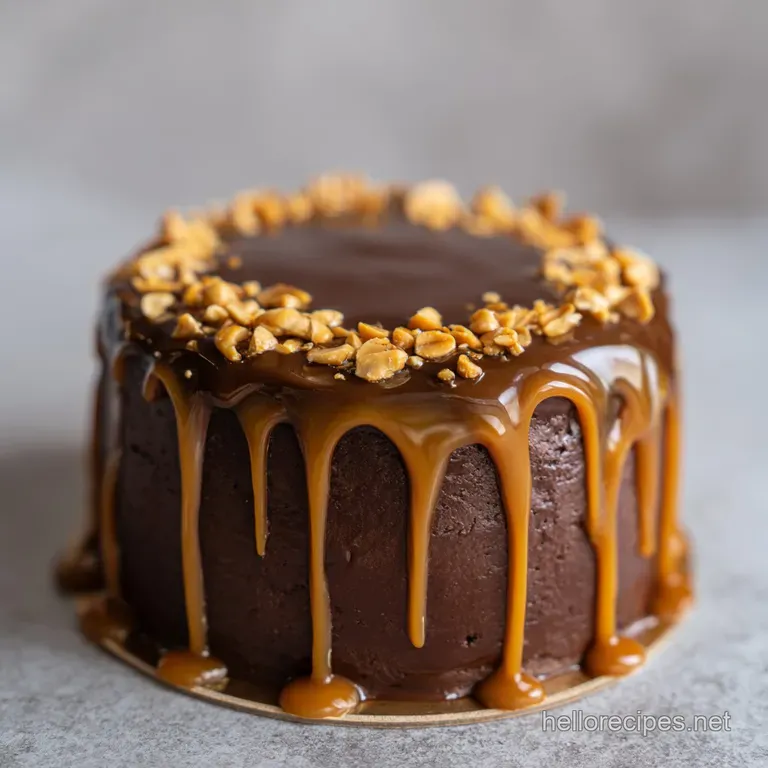 A slice of multi-layered chocolate cake on a white plate, drizzled with amber caramel and topped with salty peanuts.