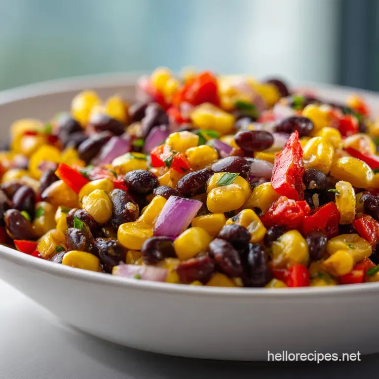 A bright medley of beans, corn, and diced avocado in a white bowl, paired with crisp, golden tortilla chips.