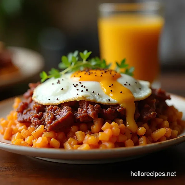 The Ultimate Hangover Hash Corned Beef Potatoes a Poached Egg Crown presentation