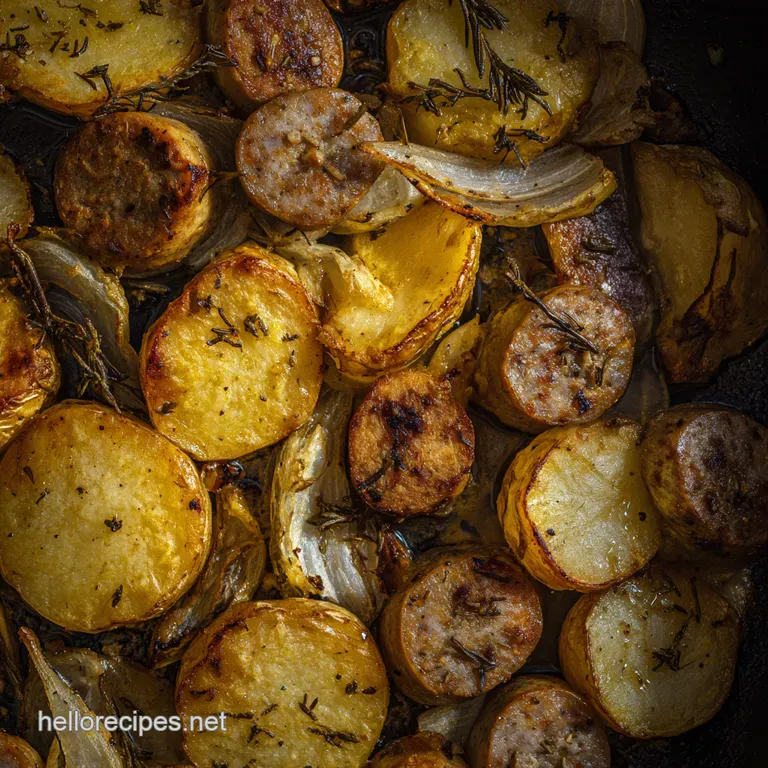 The Ultimate Sausage Potato Bake with Caramelized Onion Gravy presentation