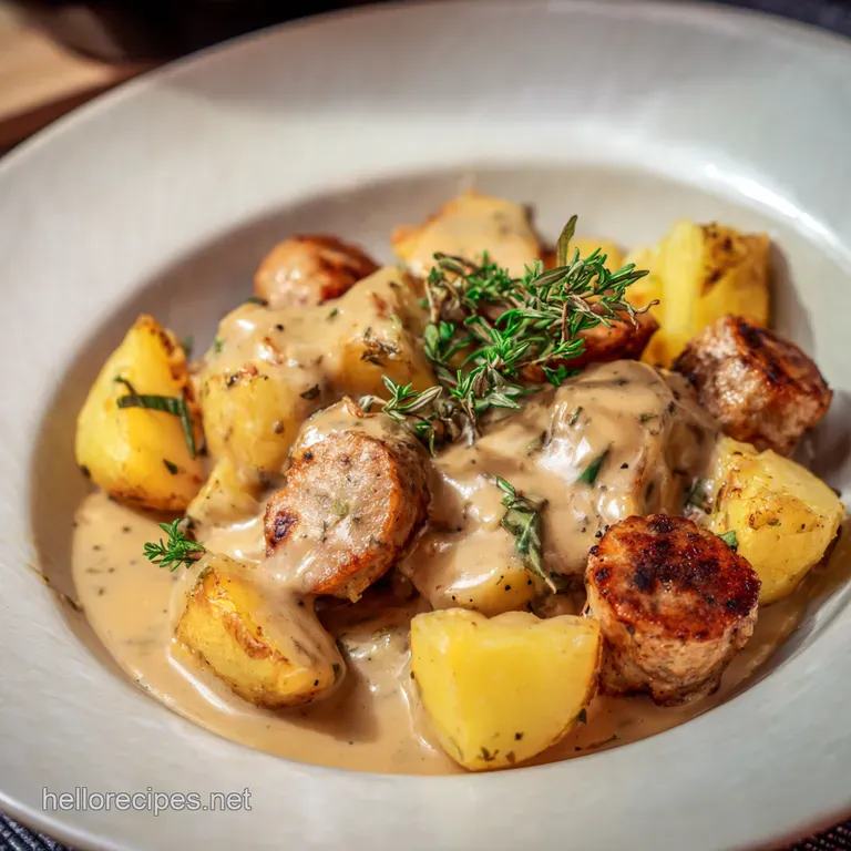 The Ultimate Sausage Potato Bake with Caramelized Onion Gravy