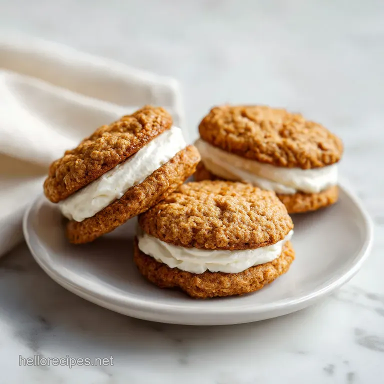 Small toasted oatmeal cookies sandwiched with cream, arranged neatly on a white ceramic platter with a linen napkin.