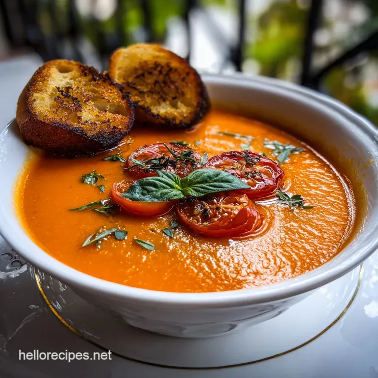 Elegant bowl of silky tomato soup garnished with a drizzle of olive oil and vibrant green basil. A simple, yet sophisticat...