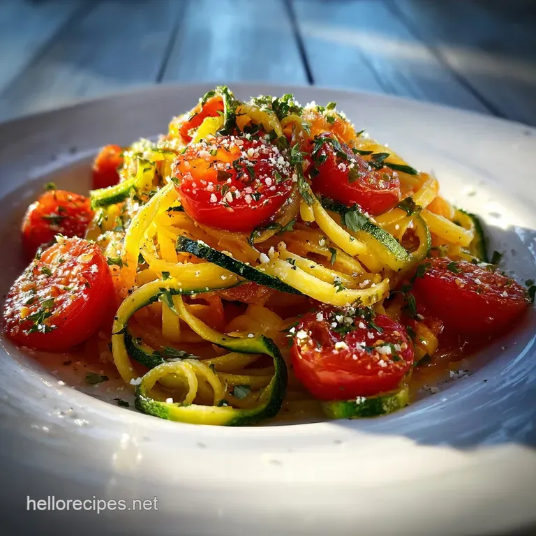 Steaming zucchini noodles twirled on a plate, vibrant red tomato sauce, fresh basil garnish. Light, healthy, & visually ap...