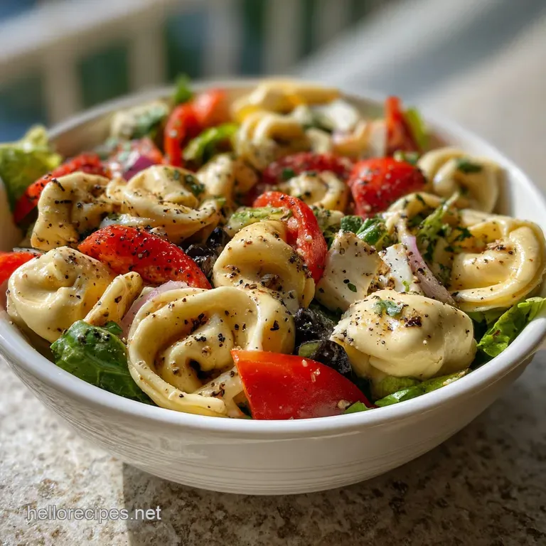 Glossy tortellini pasta salad artfully arranged on a plate. Notice the varied shapes, textures, and bright hues of fresh v...