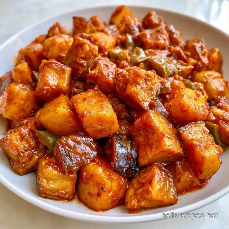 Tender purple eggplant and golden potatoes in a rich red sauce, served in a white bowl on a rustic linen cloth.