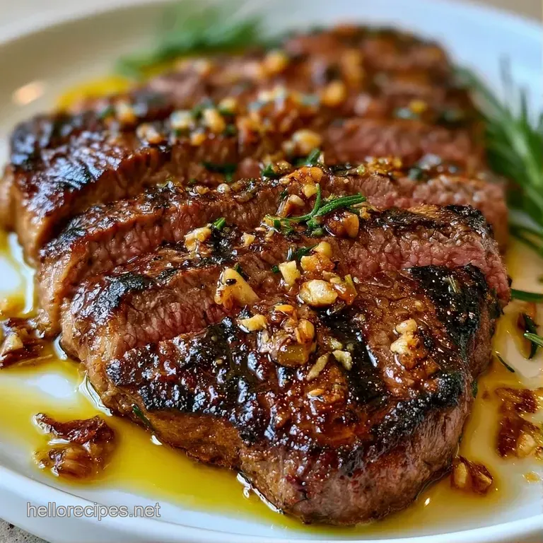 Four seared beef steaks on a white platter with golden roasted garlic cloves and fresh sprigs of green rosemary.